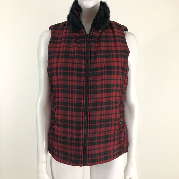 Chaps M Plaid Faux Fur Collar Puffer Vest - Picture 1 of 5